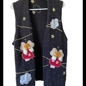 Festive Black Knit Vest with Angel Appliques